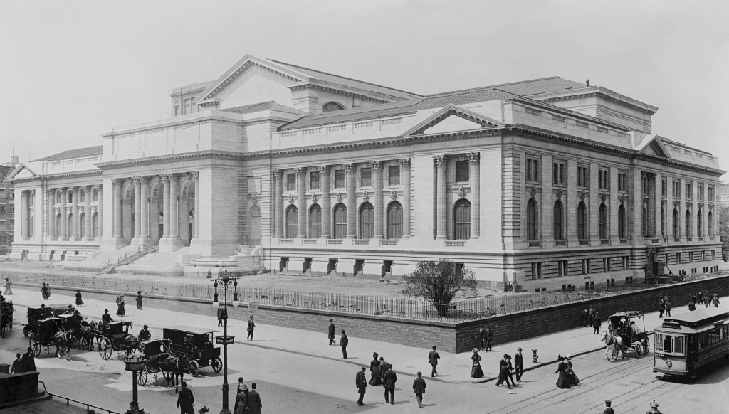 The New York Public Library, glass negative from 1908 depicting horse carriages and trolleys. Late stage construction.